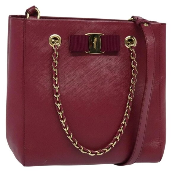 Salvatore Ferragamo Chain Vala Hand Bag Leather Pink Gold Auth BA4315 - Picture 1 of 16